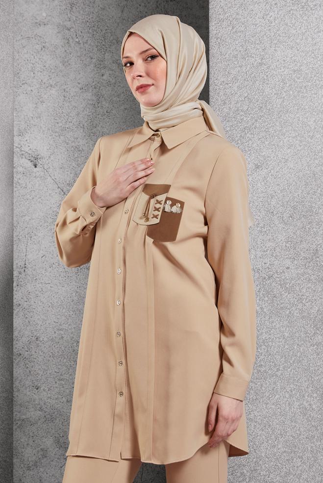Tesettür giyim BEJ TESETTÜR GÖMLEK TUNİK 45101 - ALVİNA