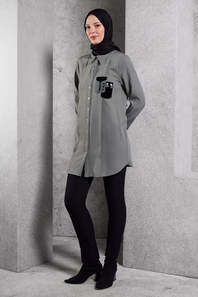 Tesettür giyim GRİ TESETTÜR GÖMLEK TUNİK 45101 - ALVİNA