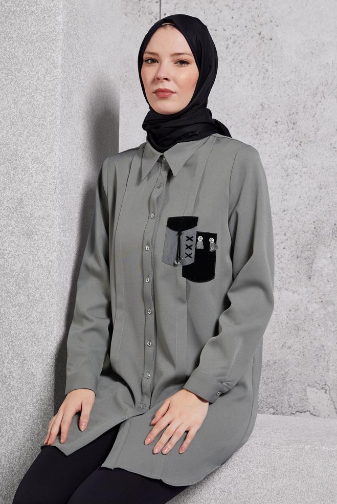 Tesettür giyim GRİ TESETTÜR GÖMLEK TUNİK 45101 - ALVİNA
