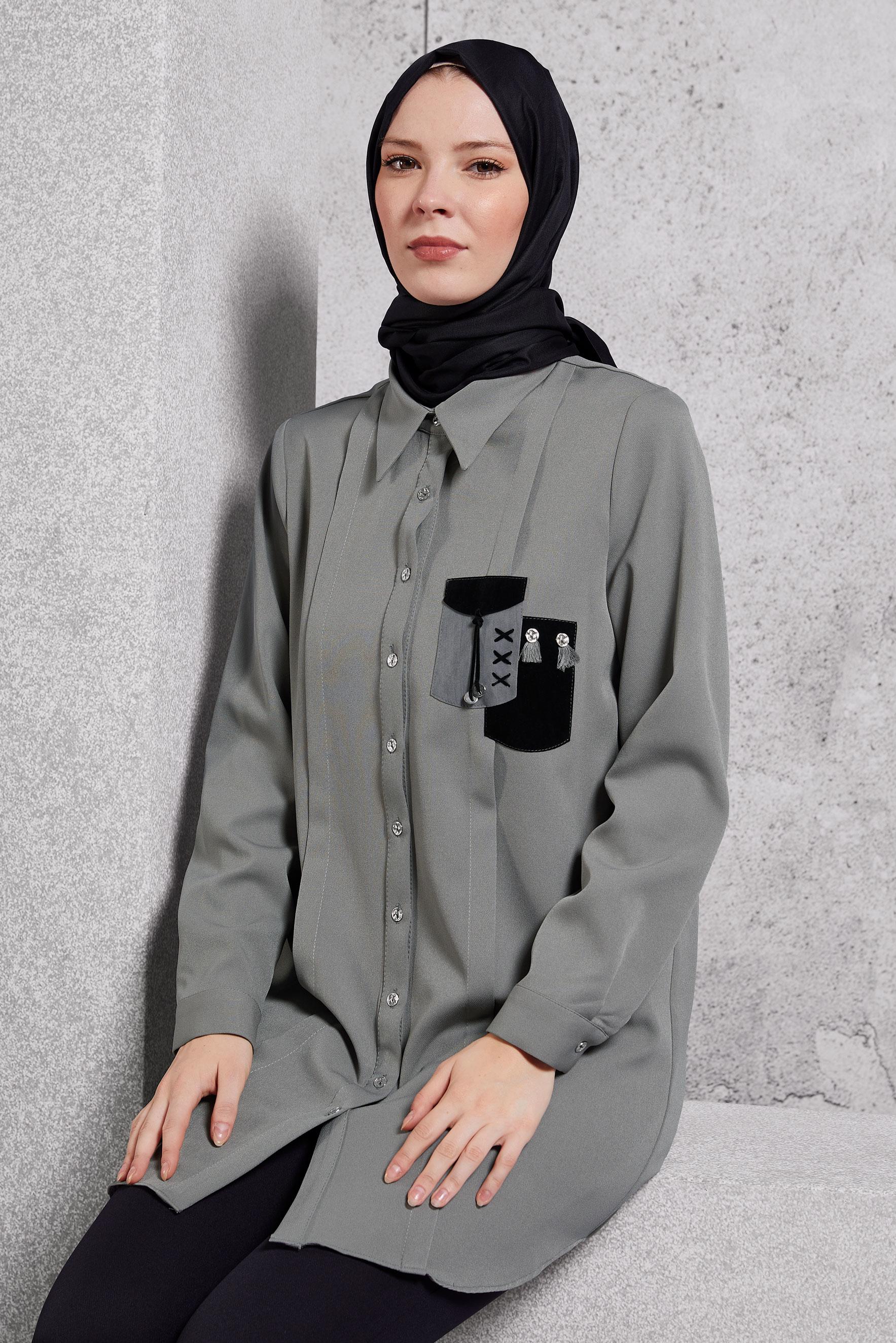 Tesettür giyim GRİ TESETTÜR GÖMLEK TUNİK 45101