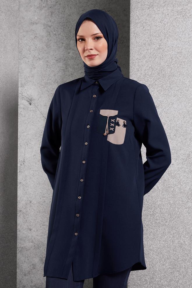 Tesettür giyim LACİVERT TESETTÜR GÖMLEK TUNİK 45101 - ALVİNA
