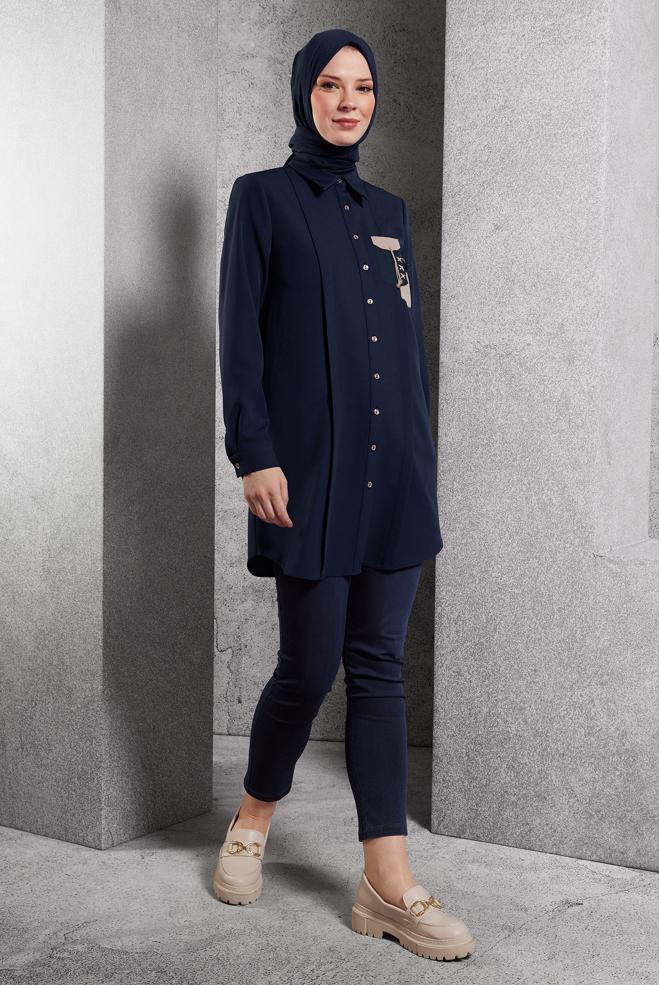 Tesettür giyim LACİVERT TESETTÜR GÖMLEK TUNİK 45101 - ALVİNA