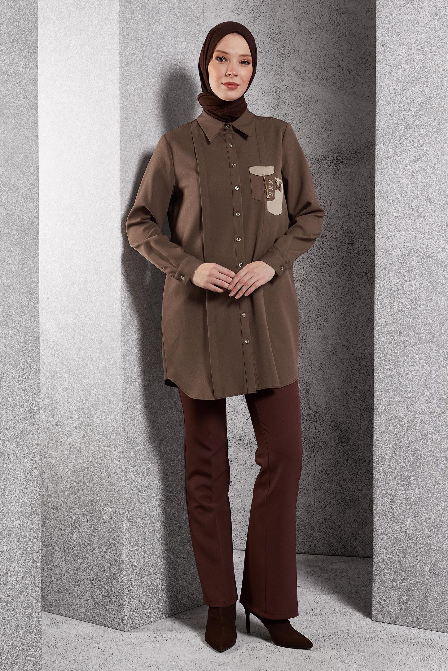 Tesettür giyim VİZON TESETTÜR GÖMLEK TUNİK 45101