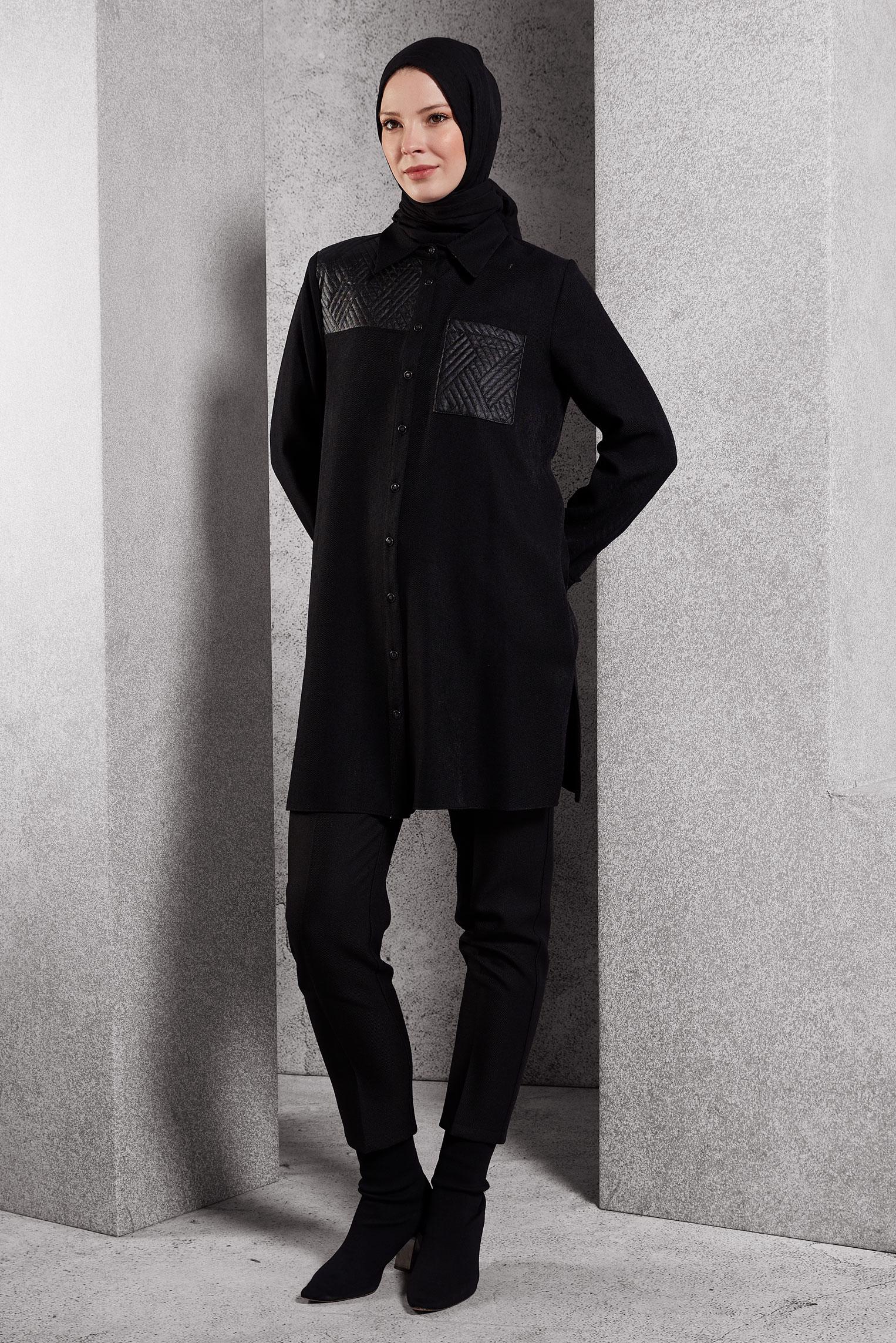 Tesettür giyim SİYAH GÖMLEK YAKA TUNİK 45102