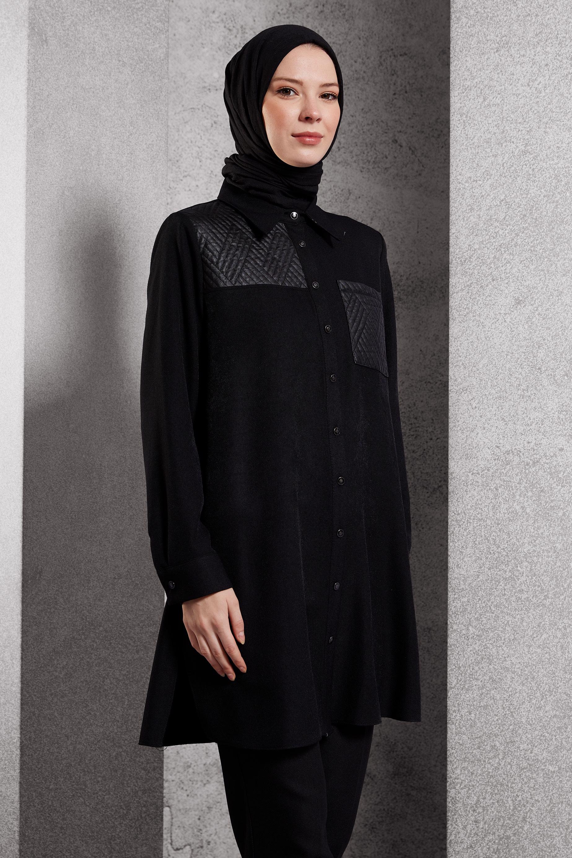 Tesettür giyim SİYAH GÖMLEK YAKA TUNİK 45102