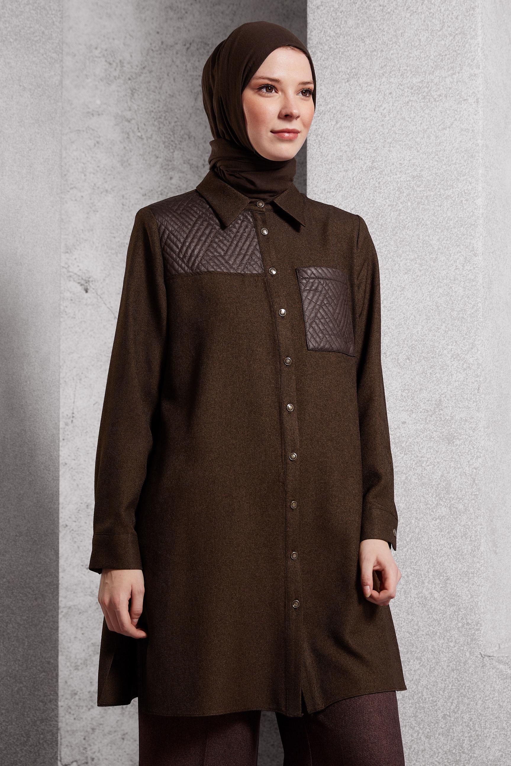 Tesettür giyim KAHVE GÖMLEK YAKA TUNİK 45102