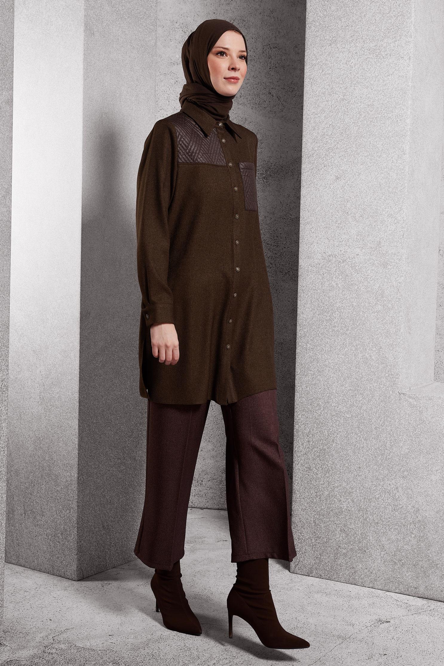 Tesettür giyim KAHVE GÖMLEK YAKA TUNİK 45102
