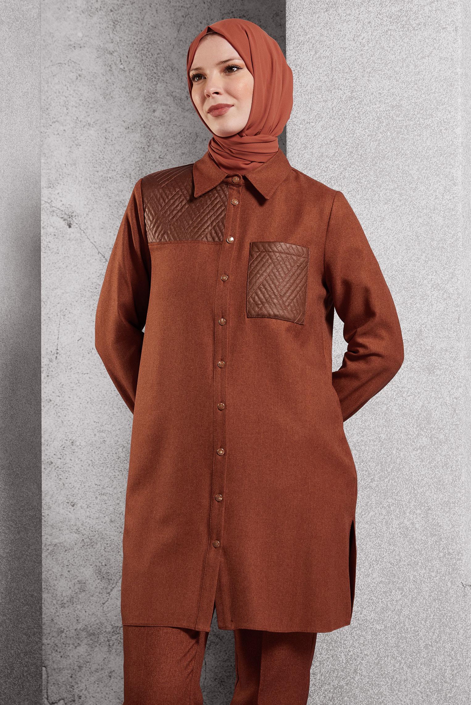 Tesettür giyim TURUNCU GÖMLEK YAKA TUNİK 45102