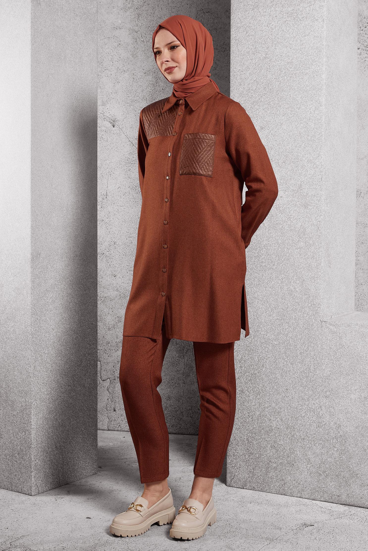 Tesettür giyim TURUNCU GÖMLEK YAKA TUNİK 45102