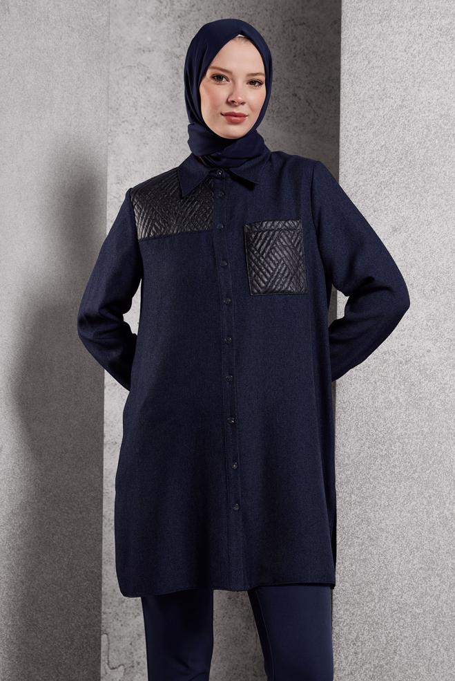 Vêtements hijab BLEU MARINE TUNIQUE COL CHEMISE 45102 - ALVİNA