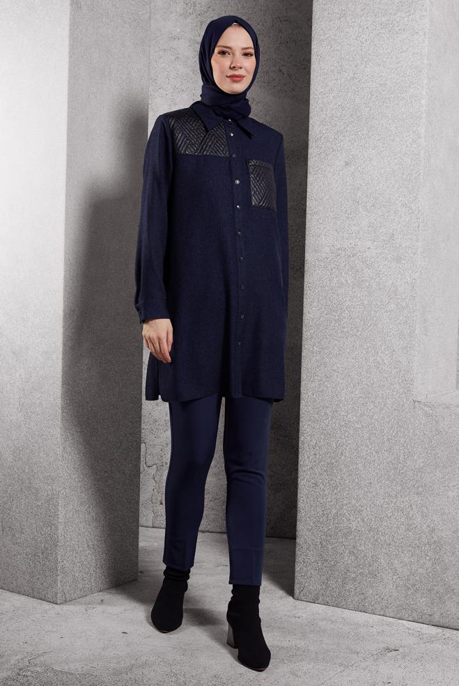 Vêtements hijab BLEU MARINE TUNIQUE COL CHEMISE 45102 - ALVİNA
