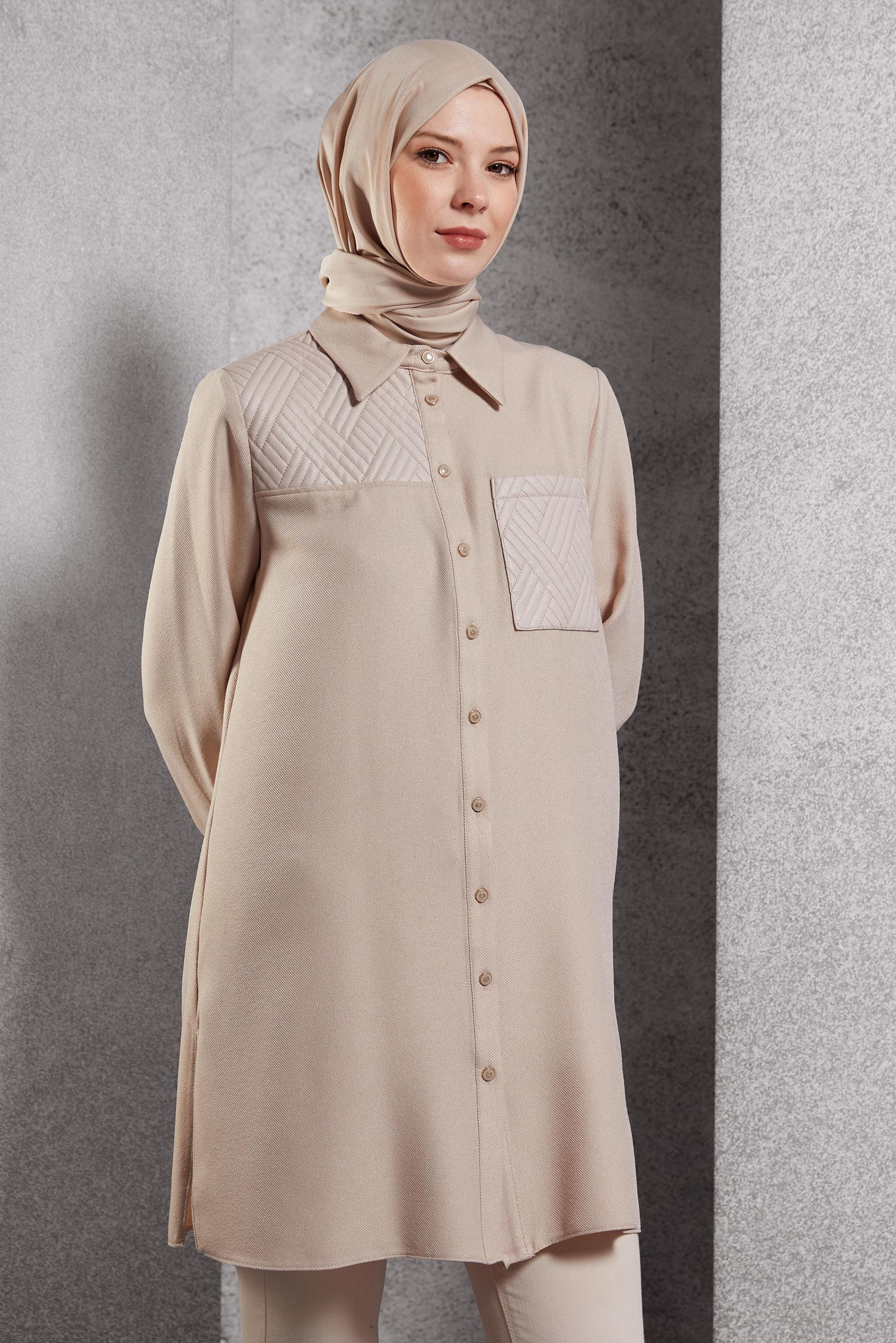 Tesettür giyim EKRU GÖMLEK YAKA TUNİK 45102