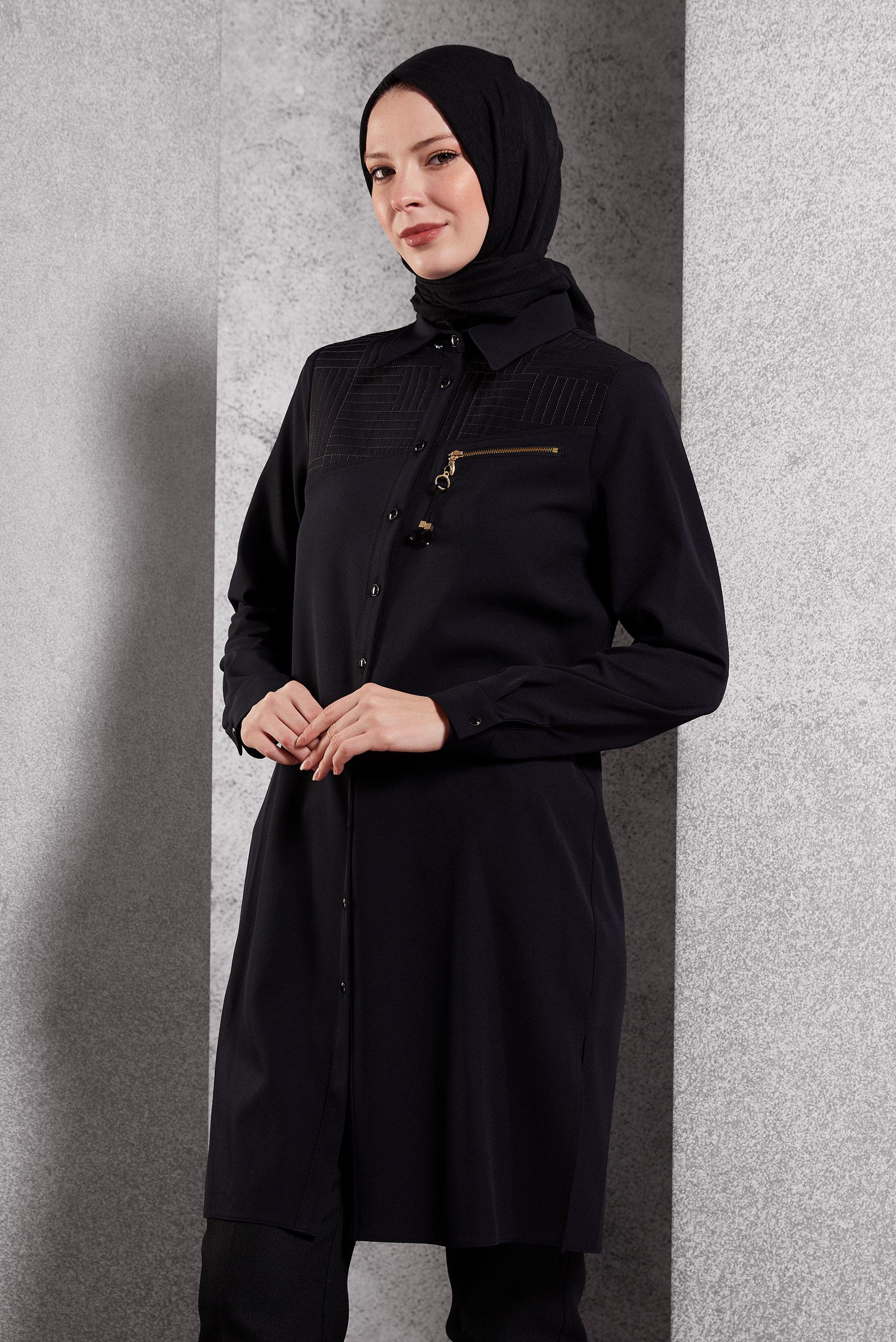 Tesettür giyim SİYAH GÖMLEK YAKA TESETTÜR TUNİK 45103