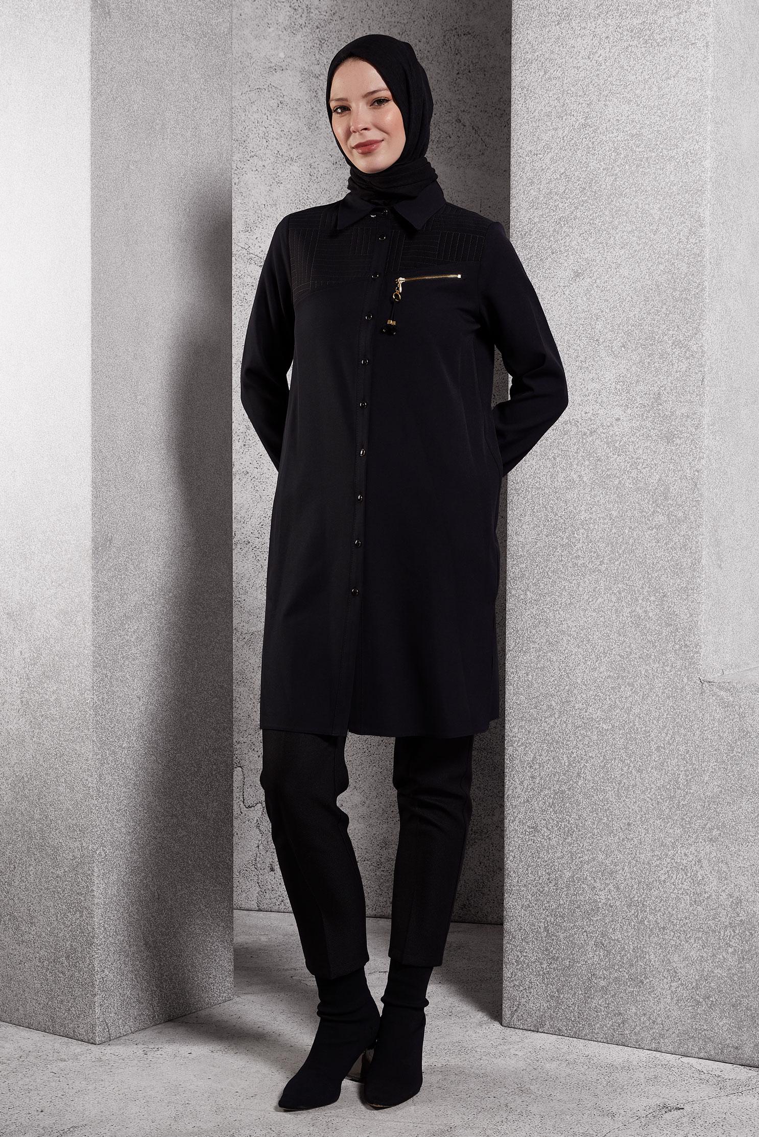Tesettür giyim SİYAH GÖMLEK YAKA TESETTÜR TUNİK 45103