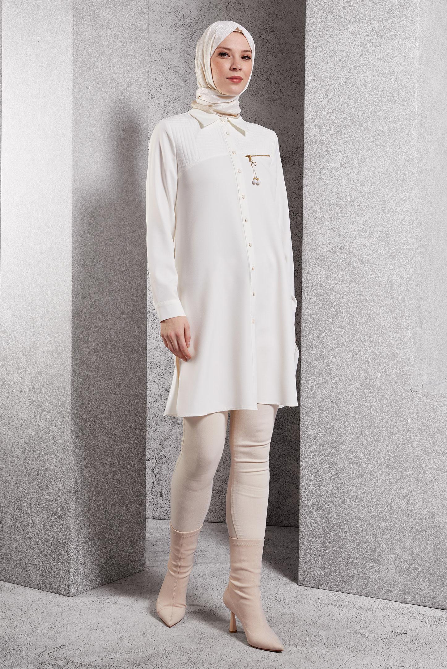 Tesettür giyim BEYAZ GÖMLEK YAKA TESETTÜR TUNİK 45103