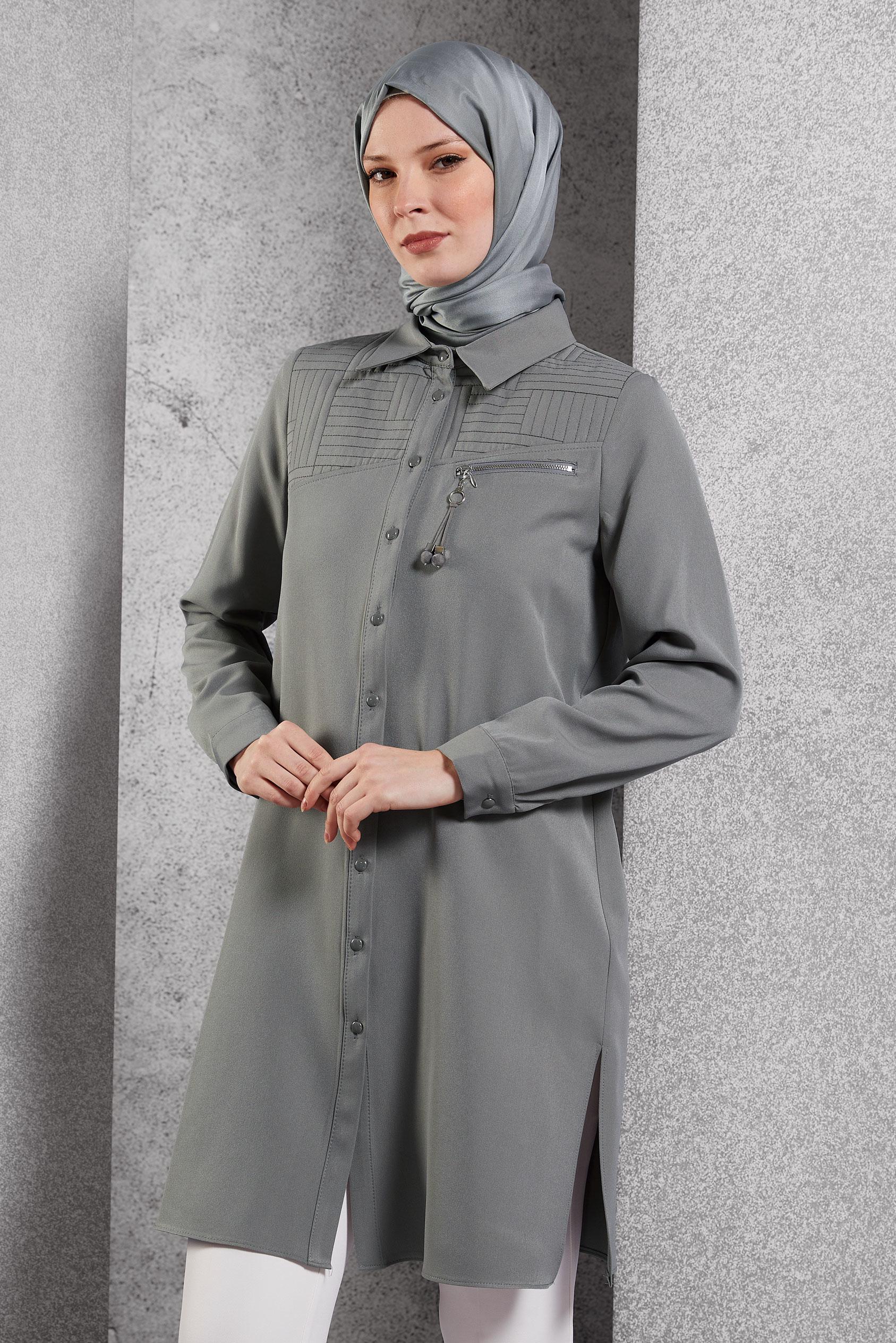 Tesettür giyim GRİ GÖMLEK YAKA TESETTÜR TUNİK 45103
