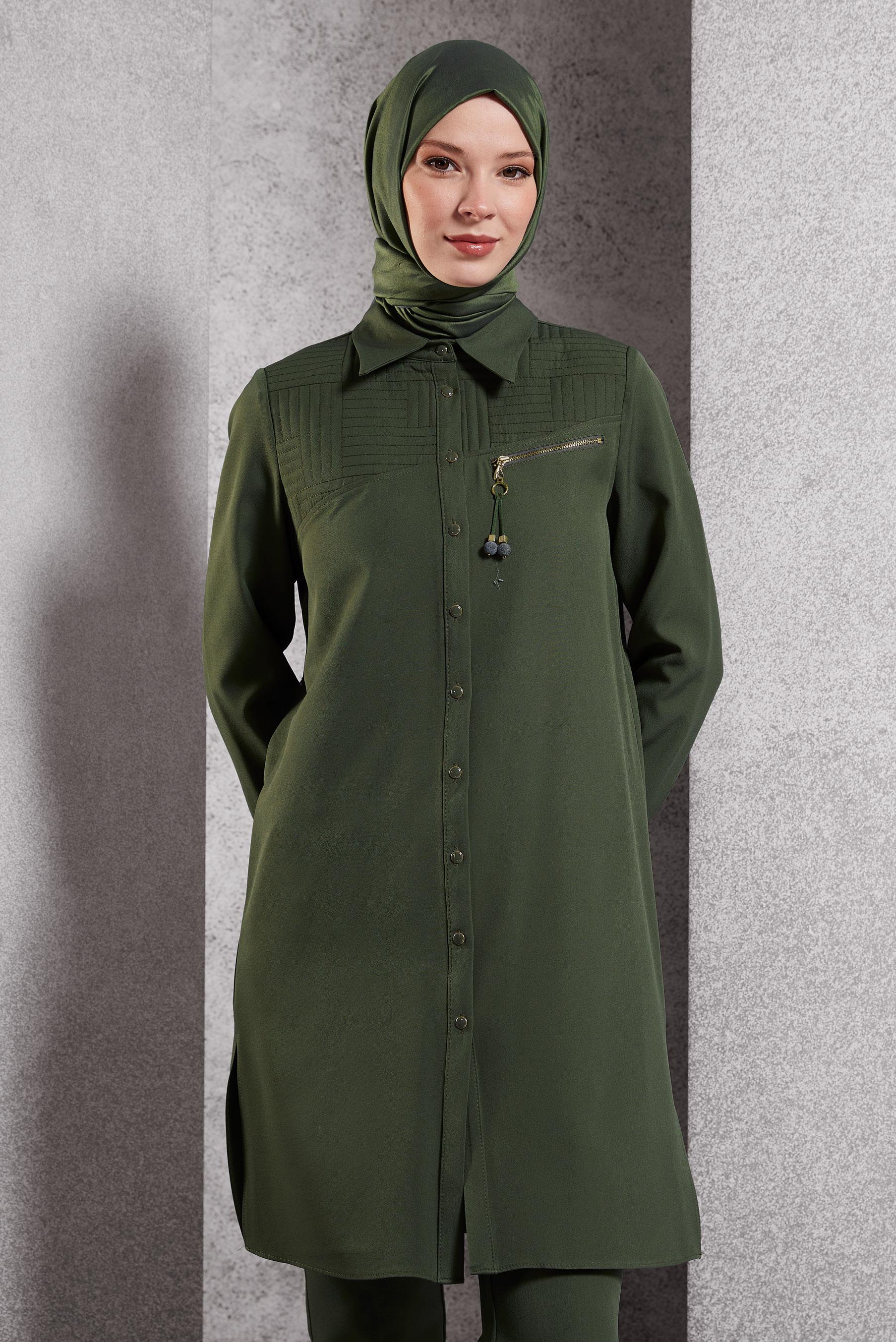 Vêtements hijab VERT TUNIQUE MODESTE À COL CHEMISE 45103
