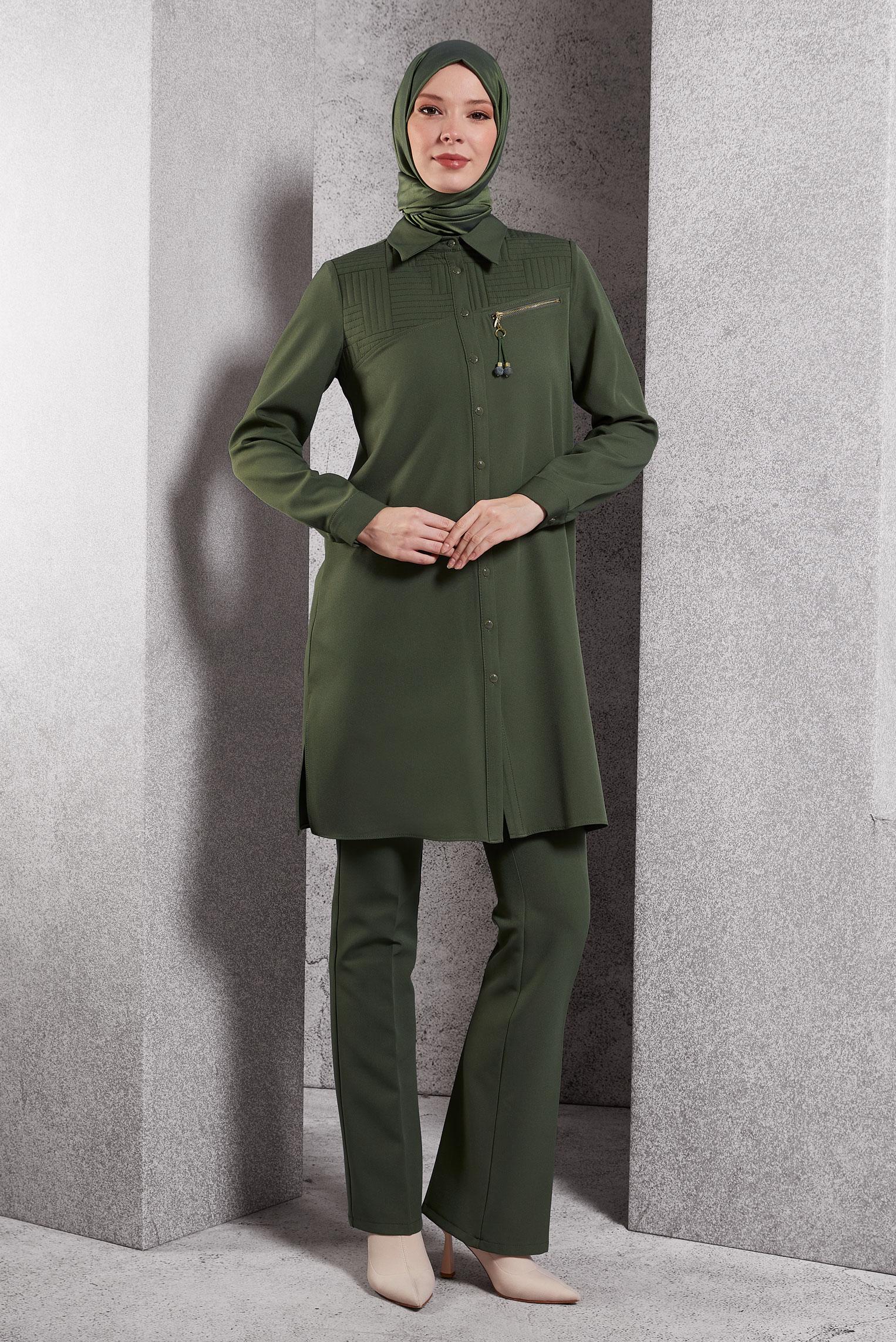 Vêtements hijab VERT TUNIQUE MODESTE À COL CHEMISE 45103