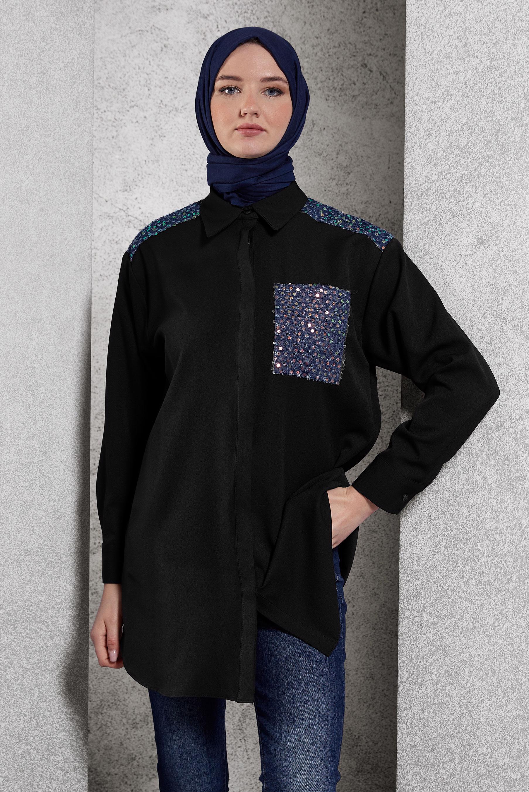 Tesettür giyim SİYAH PUL PAYETLİ TESETTÜR TUNİK 45104