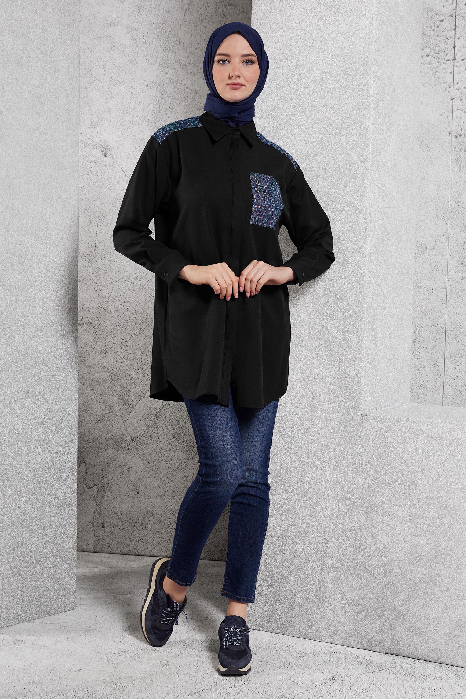 Tesettür giyim SİYAH PUL PAYETLİ TESETTÜR TUNİK 45104