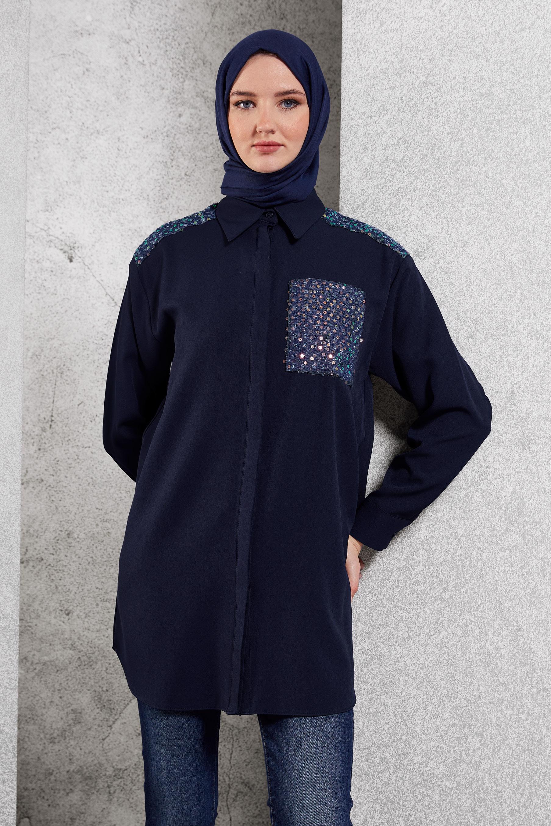 Tesettür giyim LACİVERT PUL PAYETLİ TESETTÜR TUNİK 45104