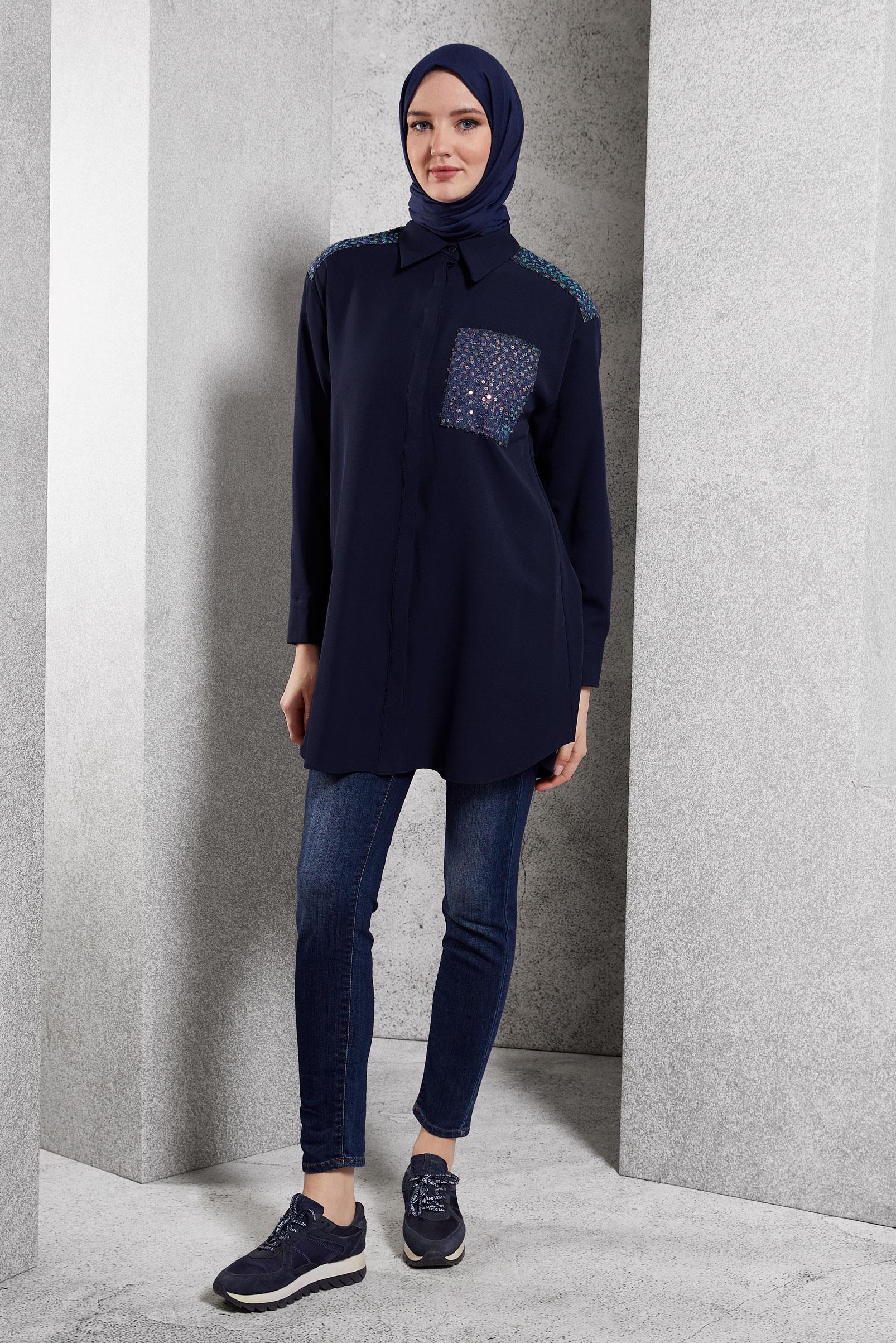 Tesettür giyim LACİVERT PUL PAYETLİ TESETTÜR TUNİK 45104