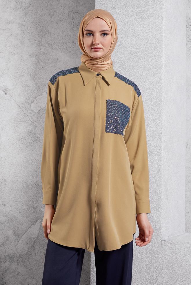 Tesettür giyim KAHVE PUL PAYETLİ TESETTÜR TUNİK 45104 - ALVİNA