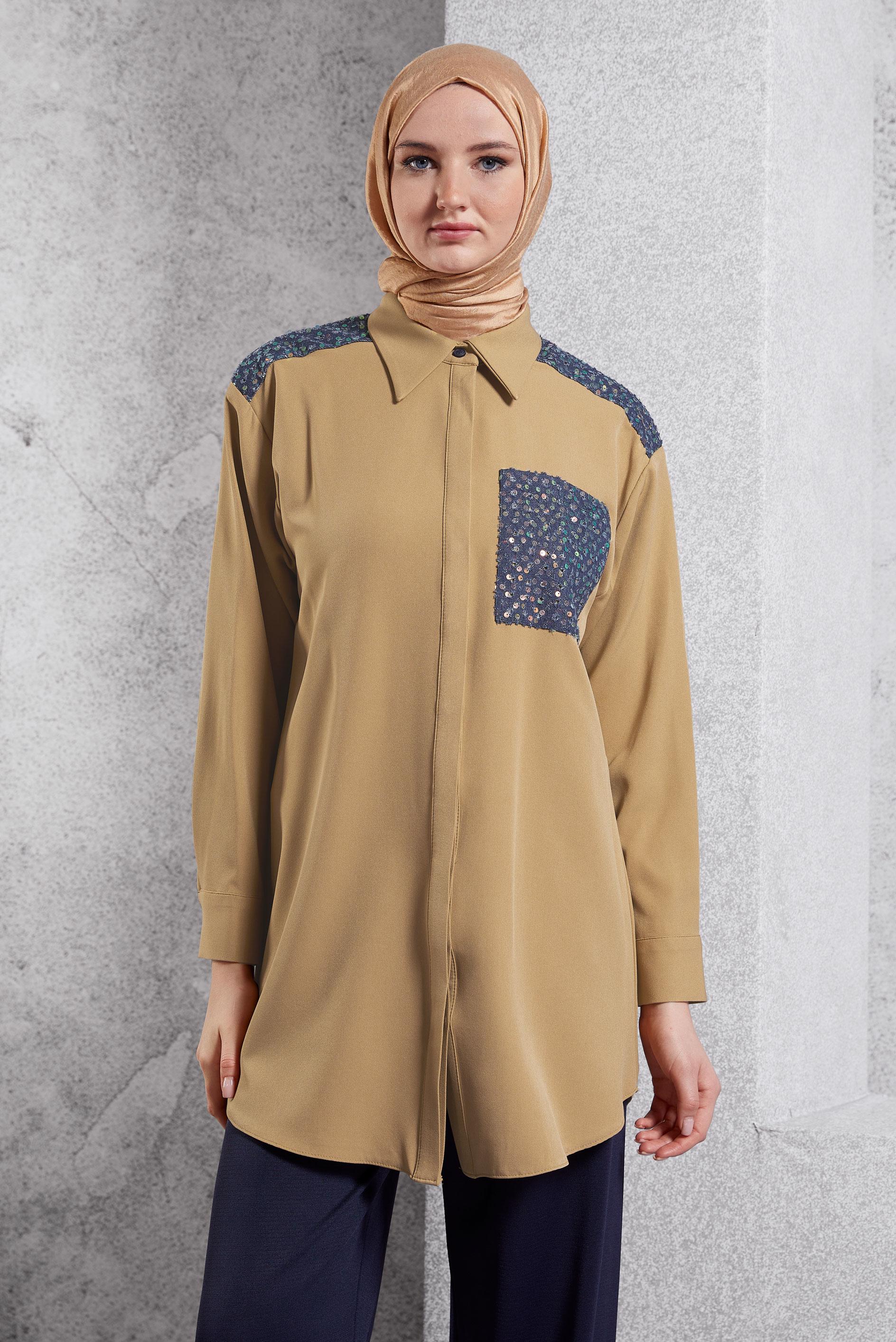 Tesettür giyim KAHVE PUL PAYETLİ TESETTÜR TUNİK 45104