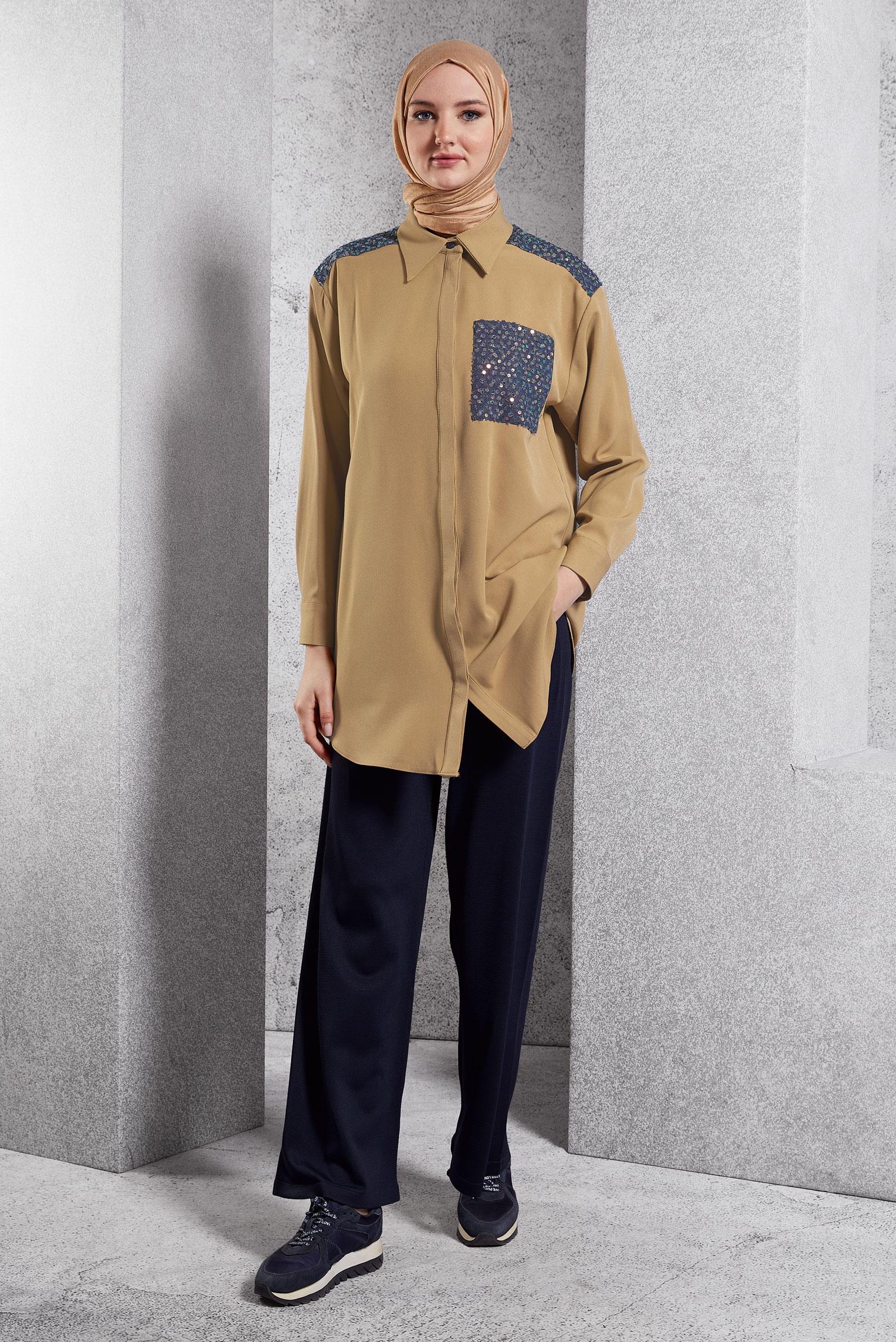 Tesettür giyim KAHVE PUL PAYETLİ TESETTÜR TUNİK 45104