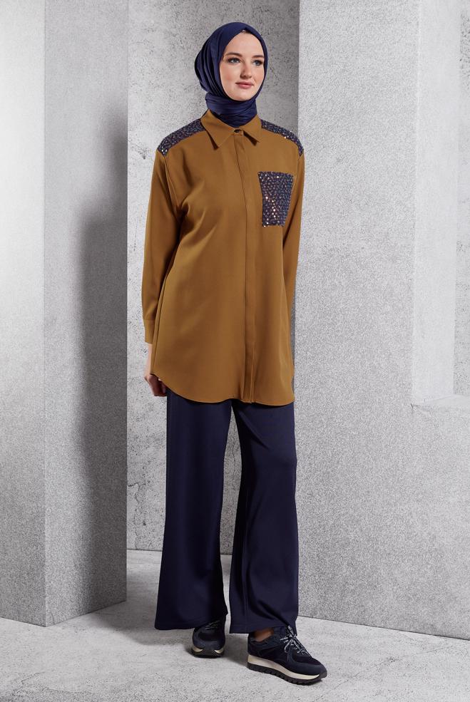 Tesettür giyim SARI PUL PAYETLİ TESETTÜR TUNİK 45104 - ALVİNA