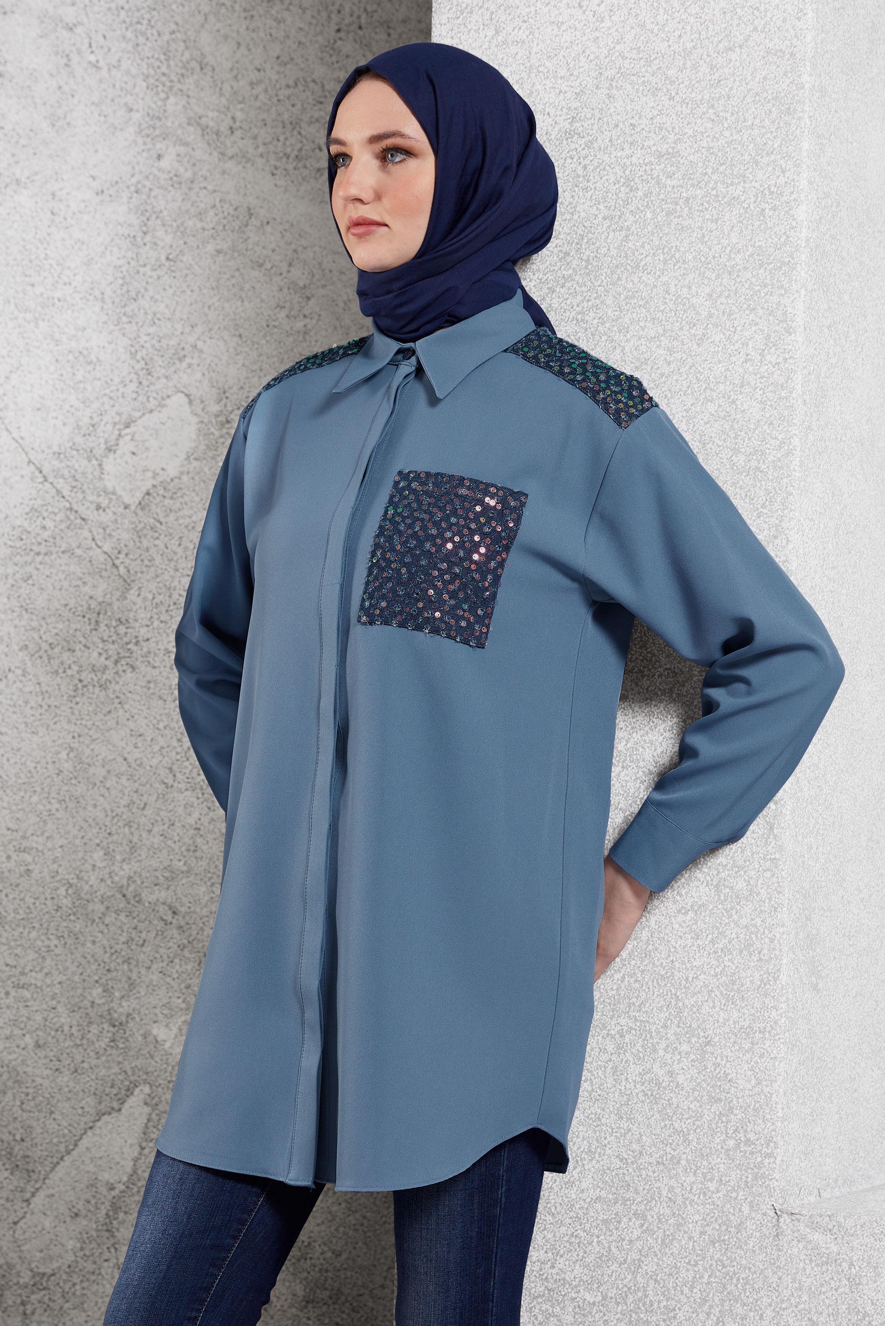 Tesettür giyim MAVİ PUL PAYETLİ TESETTÜR TUNİK 45104