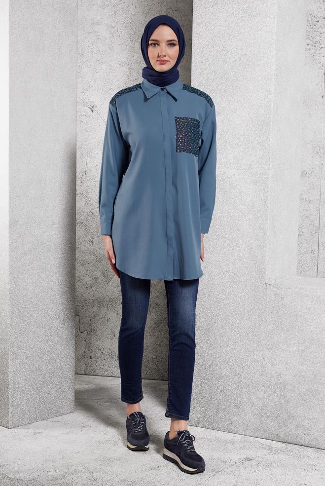 Tesettür giyim MAVİ PUL PAYETLİ TESETTÜR TUNİK 45104 - ALVİNA