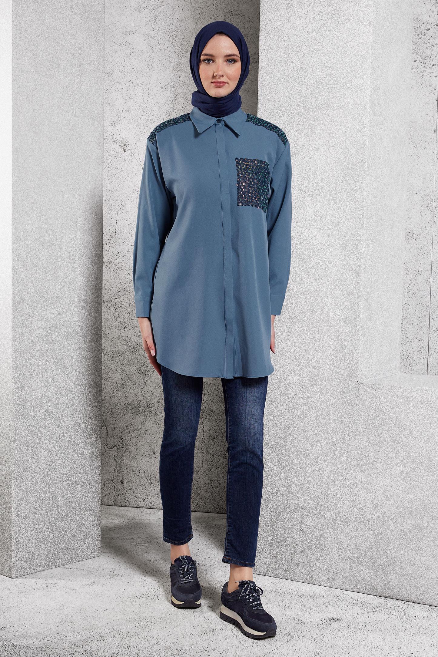 Tesettür giyim MAVİ PUL PAYETLİ TESETTÜR TUNİK 45104