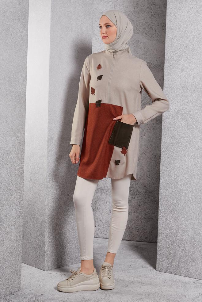 Tesettür giyim BEJ RENK BLOKLU TUNİK 45105 - ALVİNA