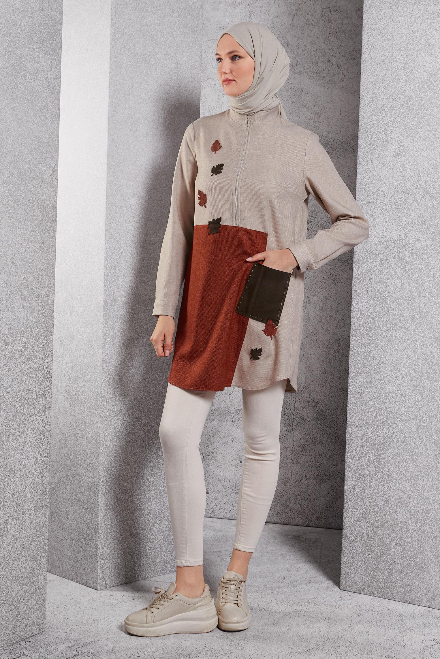 Tesettür giyim BEJ RENK BLOKLU TUNİK 45105