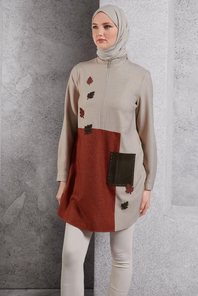 Tesettür giyim BEJ RENK BLOKLU TUNİK 45105 - ALVİNA