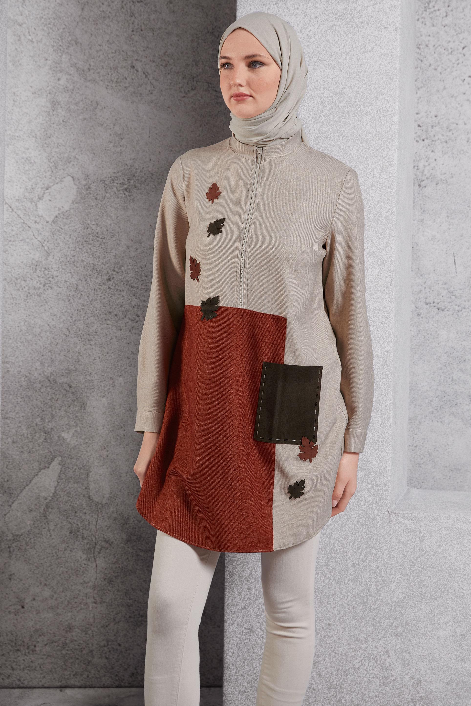 Tesettür giyim BEJ RENK BLOKLU TUNİK 45105