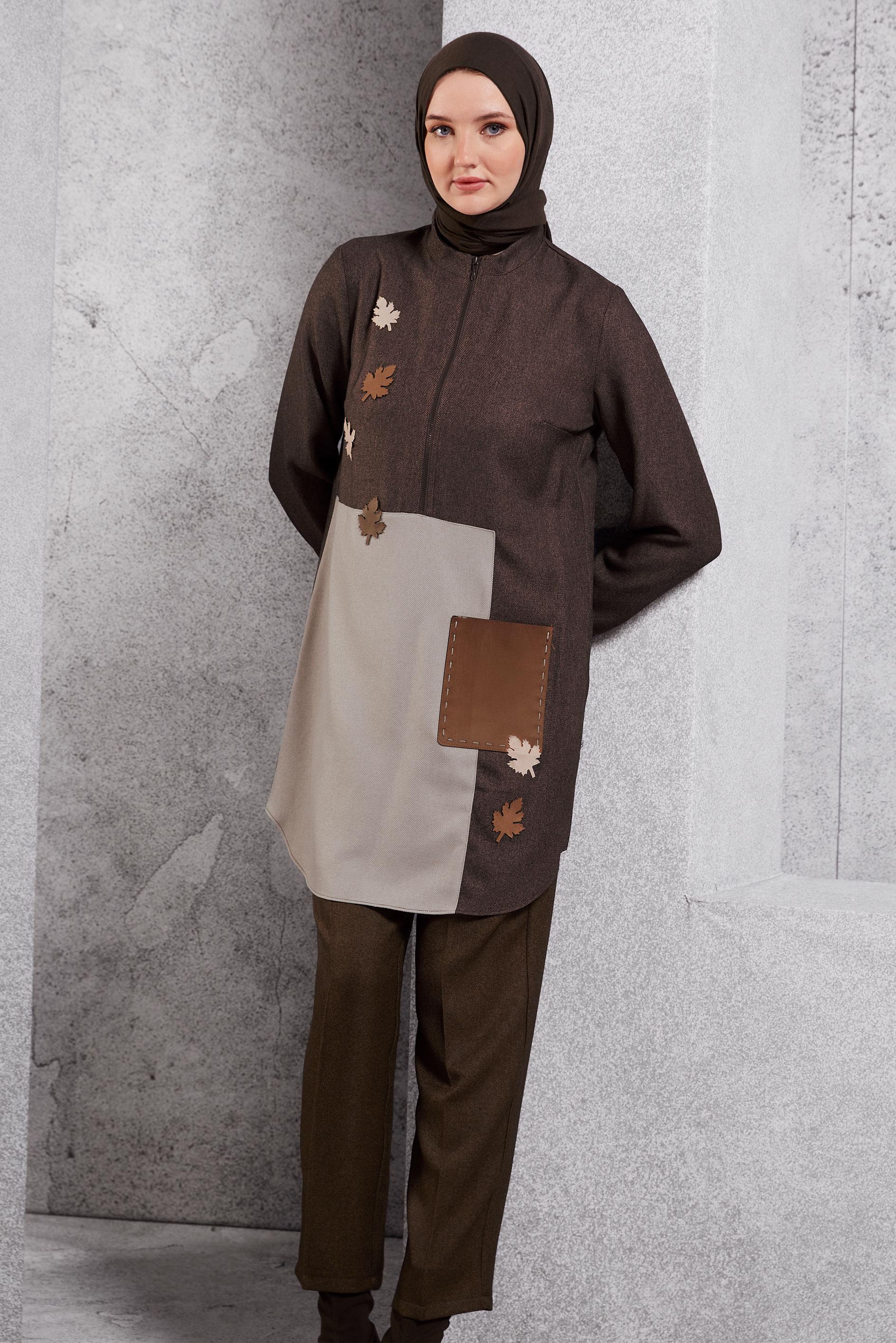Tesettür giyim KAHVE RENK BLOKLU TUNİK 45105