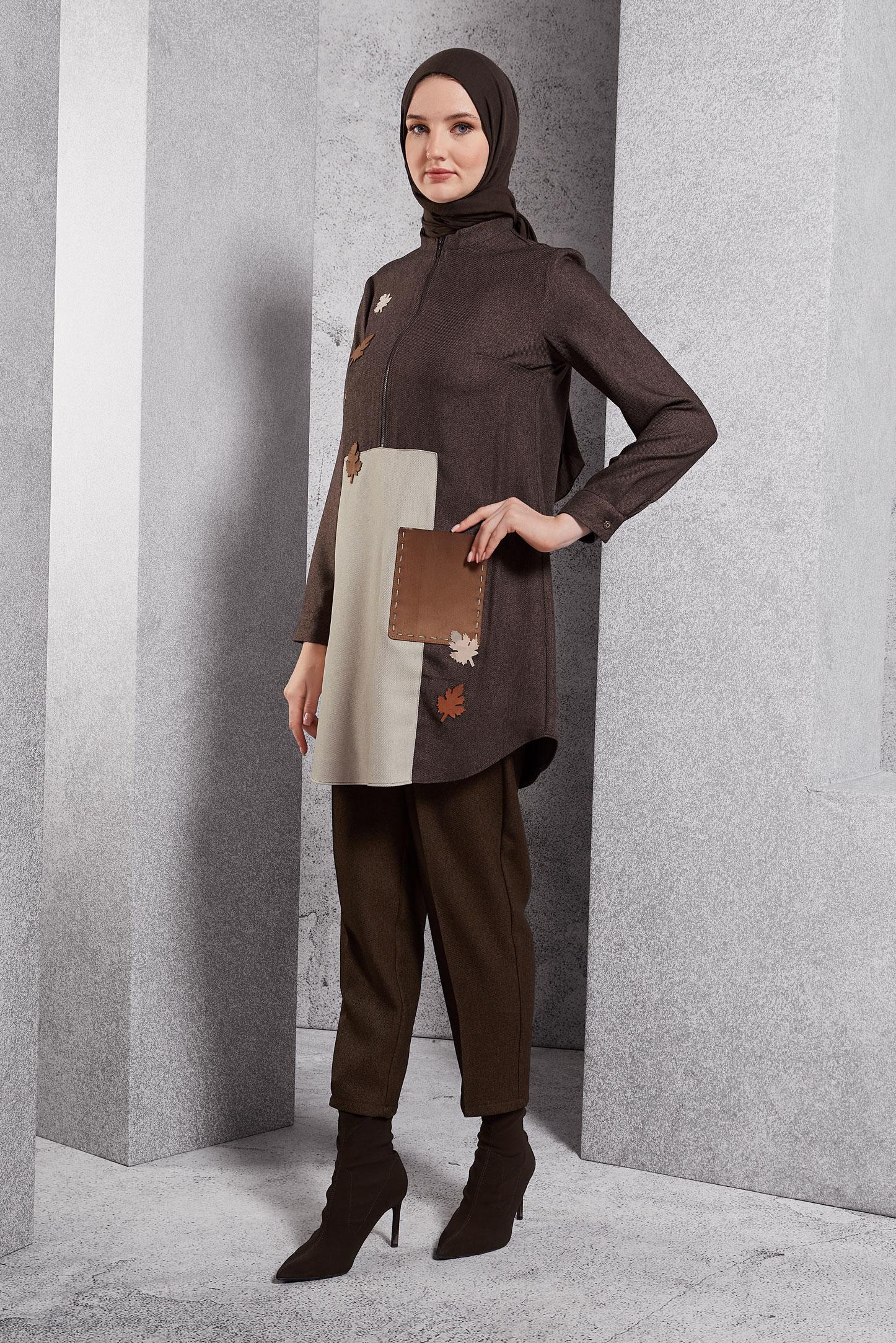 Tesettür giyim KAHVE RENK BLOKLU TUNİK 45105