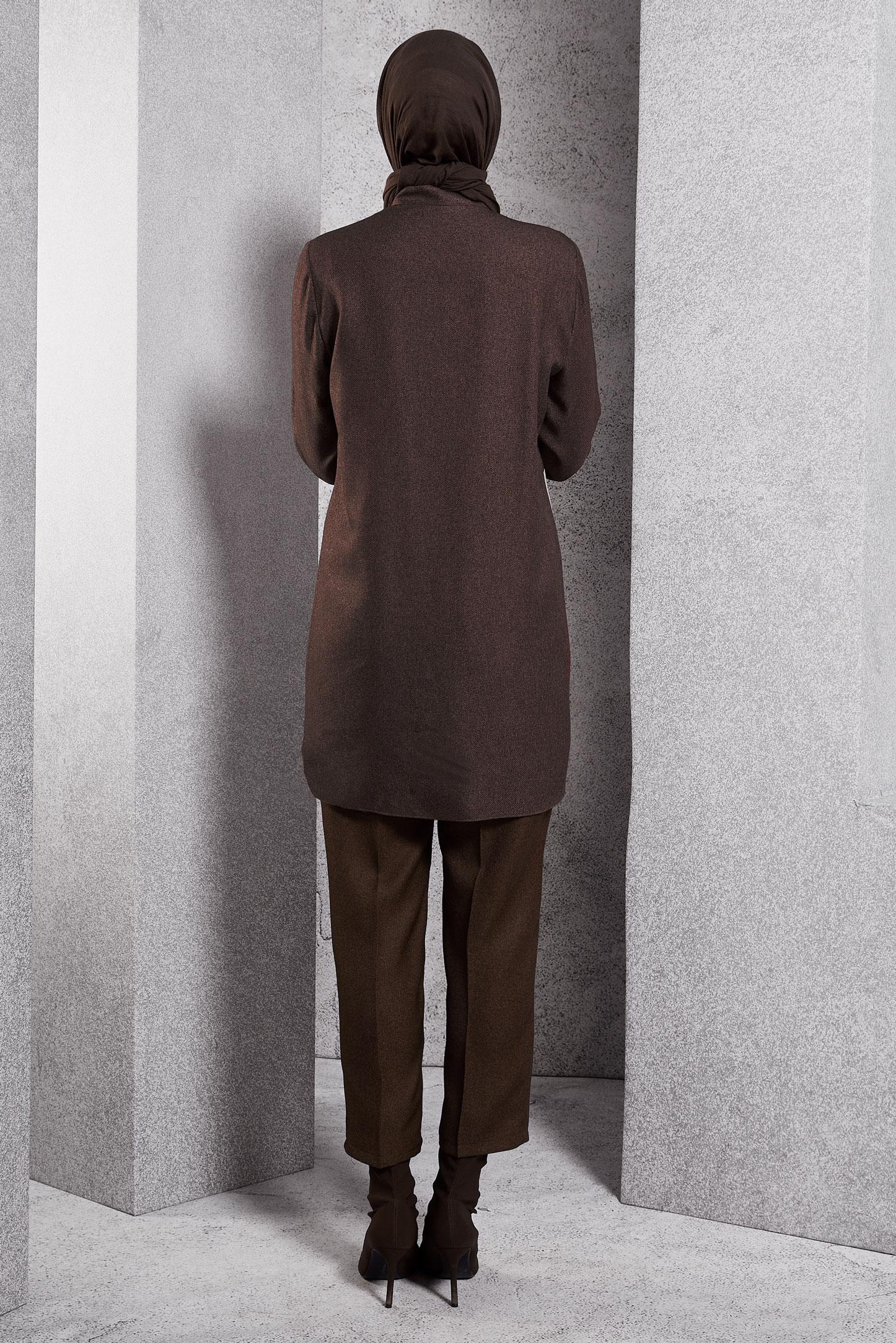 Tesettür giyim KAHVE RENK BLOKLU TUNİK 45105