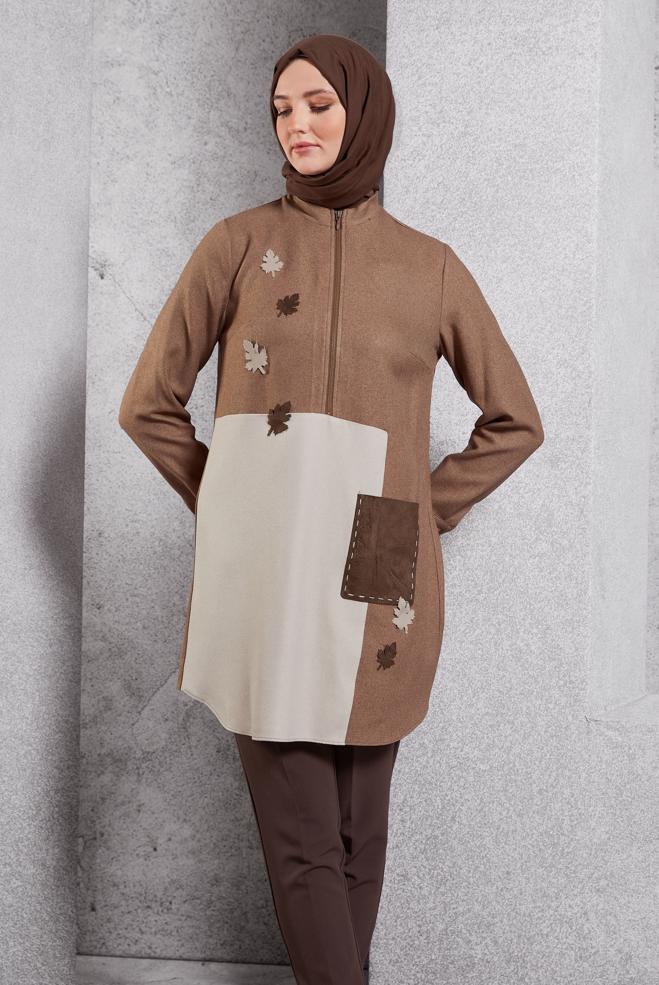 Tesettür giyim TABA RENK BLOKLU TUNİK 45105 - ALVİNA