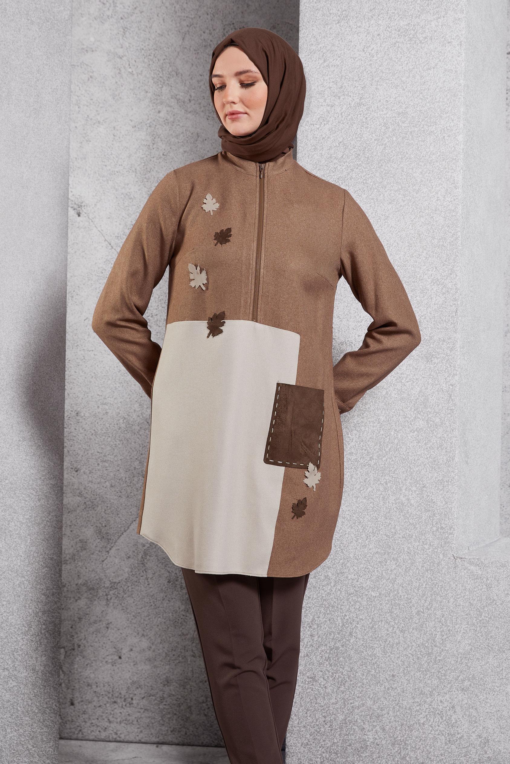 Tesettür giyim TABA RENK BLOKLU TUNİK 45105