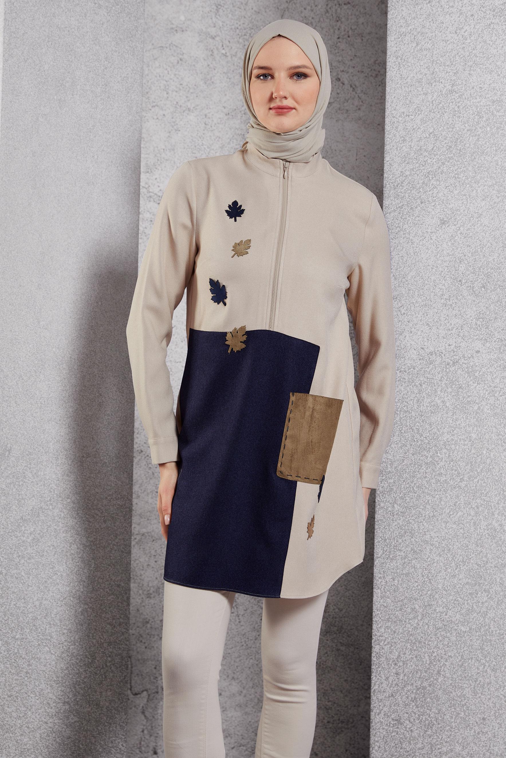 Tesettür giyim EKRU RENK BLOKLU TUNİK 45105