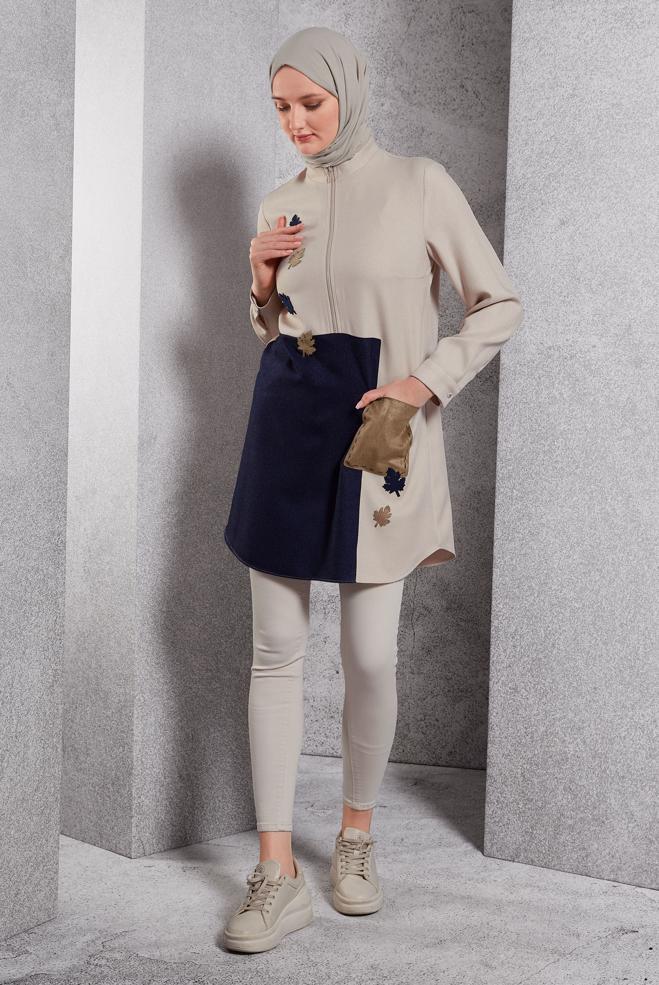 Vêtements hijab ÉCRUE TUNIQUE BICOLORE 45105 - ALVİNA