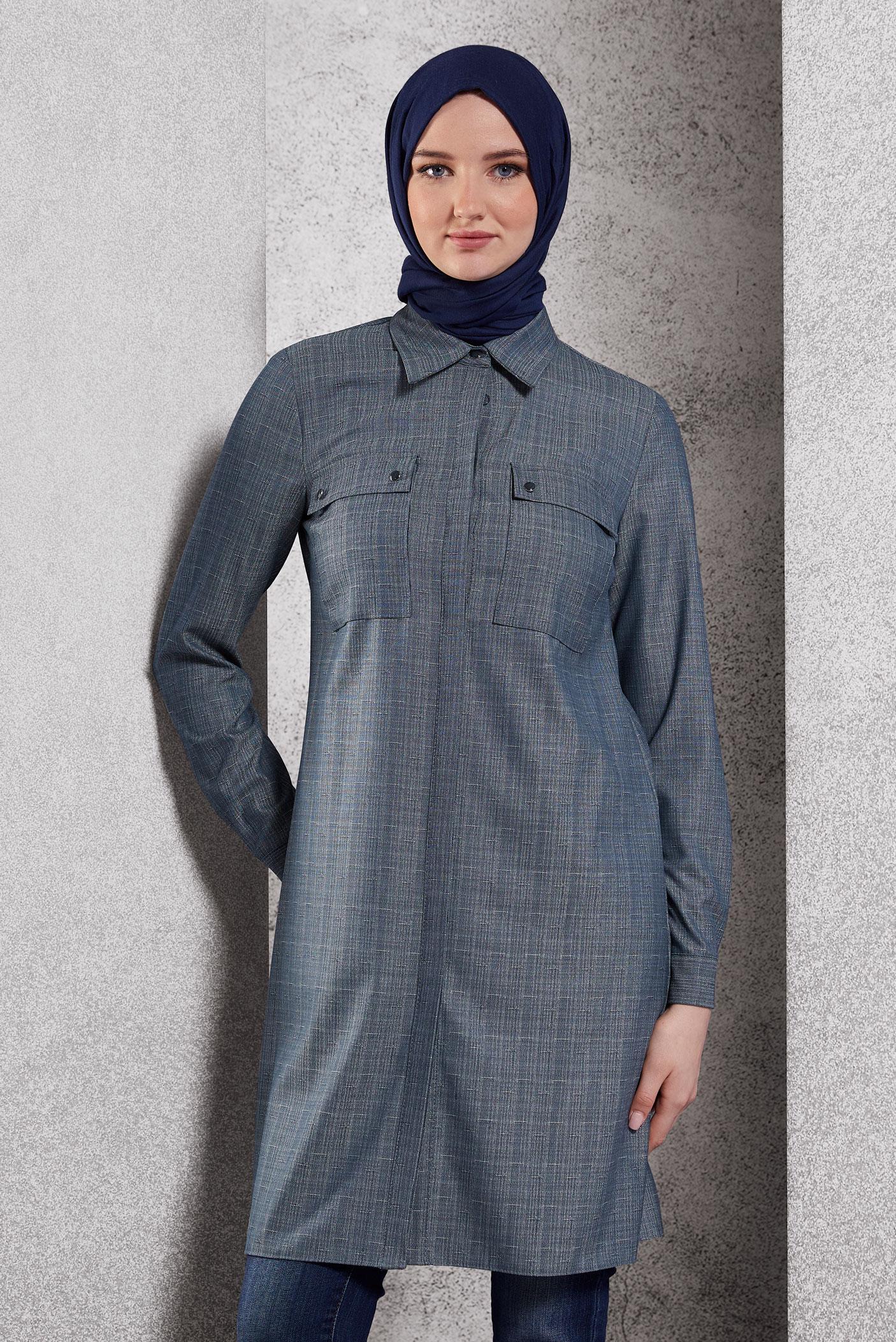 Tesettür giyim LACİVERT GÖMLEK YAKA TESETTÜR TUNİK 45115
