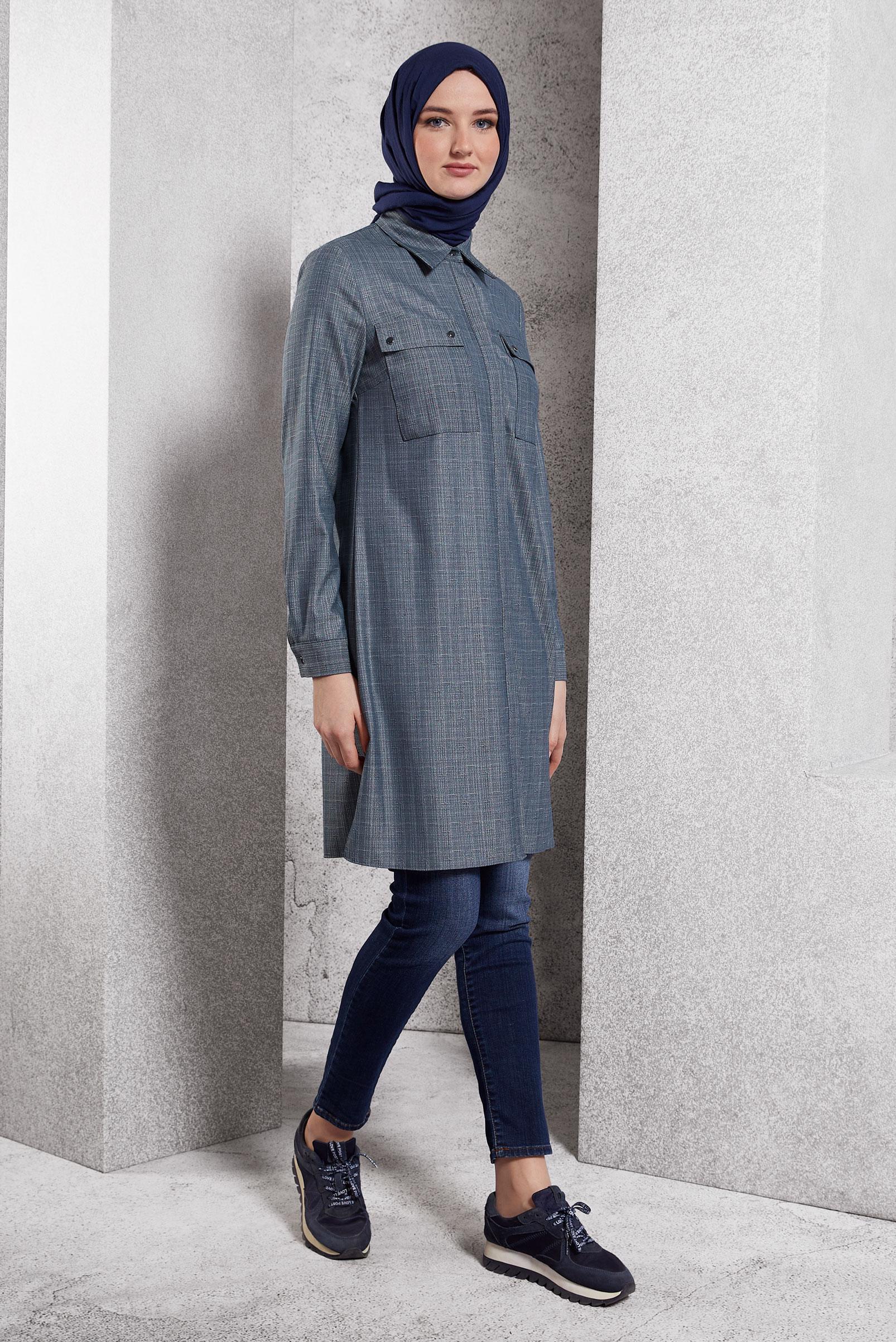 Tesettür giyim LACİVERT GÖMLEK YAKA TESETTÜR TUNİK 45115