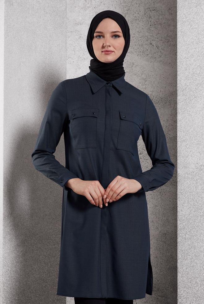 Tesettür giyim LACİVERT GÖMLEK YAKA TESETTÜR TUNİK 45115 - ALVİNA