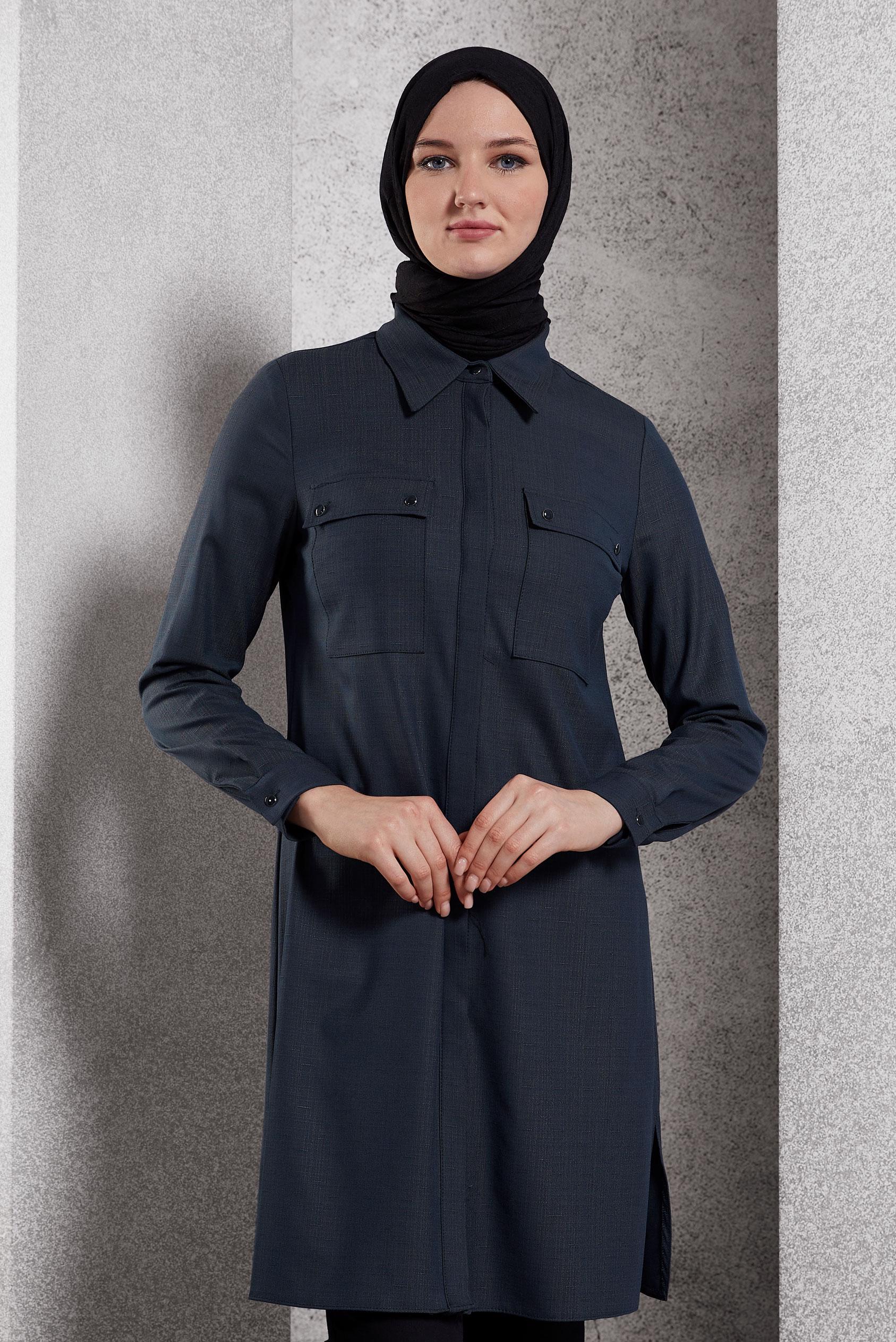 Tesettür giyim LACİVERT GÖMLEK YAKA TESETTÜR TUNİK 45115