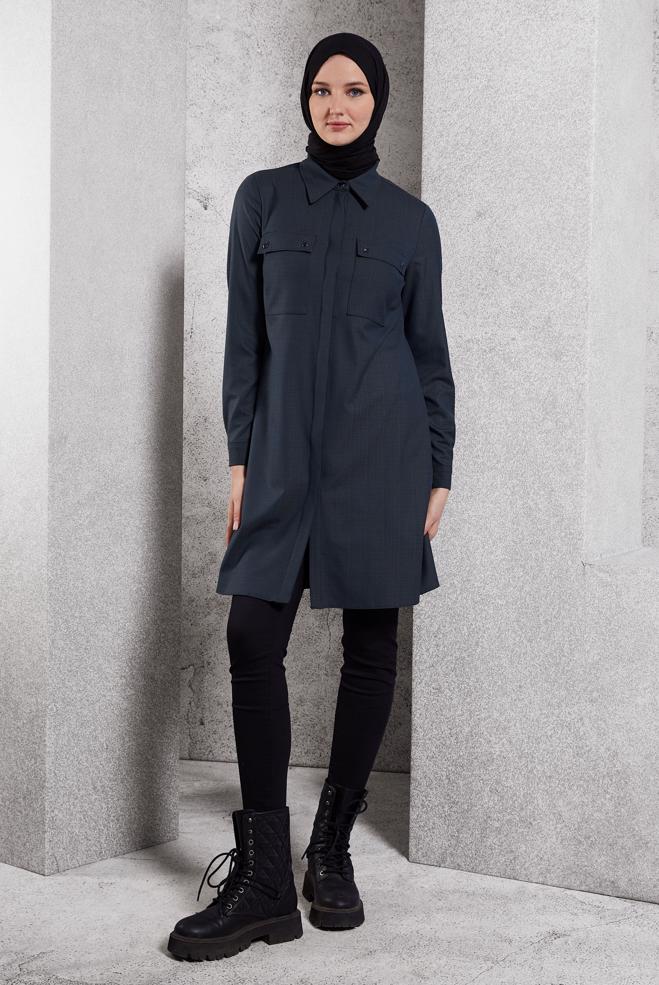 Tesettür giyim LACİVERT GÖMLEK YAKA TESETTÜR TUNİK 45115 - ALVİNA