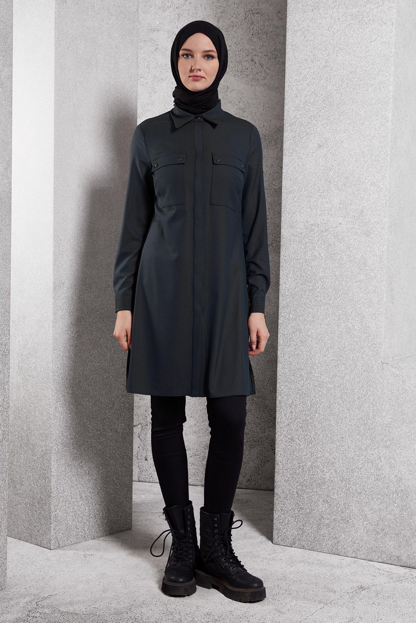 Tesettür giyim MAVİ GÖMLEK YAKA TESETTÜR TUNİK 45115